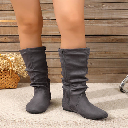 Free Shipping Cross-Border Pleated Fashion Boots with Inner Zipper, Flat Comfortable Women's Boots, Versatile European and American Style Flat Mid-Calf Boots