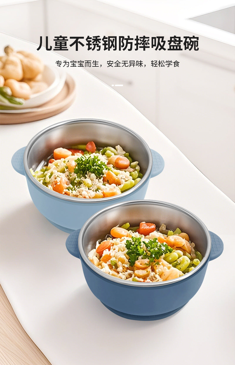 Cross-border Stainless Steel Children's Bowl Household Cute Baby Drop-resistant Heat-insulated Tableware Kindergarten Children's Rice Bowl with Suction Cup