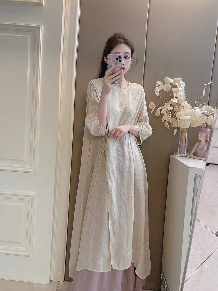 Summer New Style Quality Ramie Handmade Buckle Lace Lace Guofeng dress Double-Layer Skirt suit