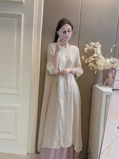 Summer New Style Quality Ramie Handmade Buckle Lace Lace Guofeng dress Double-Layer Skirt suit