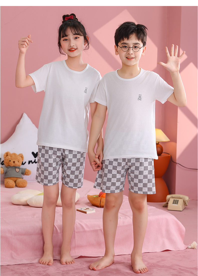 Children's Pajamas, Pure Cotton, Summer Short-Sleeved Shorts Set for Boys, Home Clothes for Girls, Air-Conditioned Clothes for Middle-Aged and Older Boys