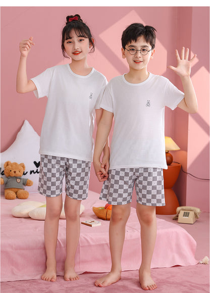 Children's Pajamas, Pure Cotton, Summer Short-Sleeved Shorts Set for Boys, Home Clothes for Girls, Air-Conditioned Clothes for Middle-Aged and Older Boys