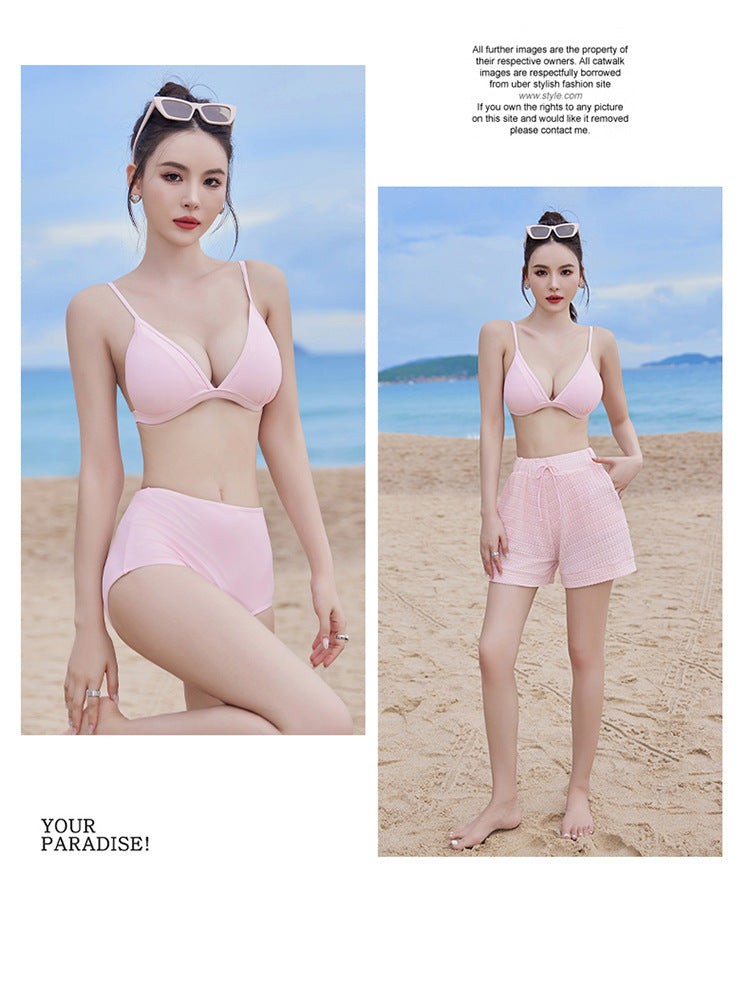 2024 new swimsuit women's split four-piece suit belly covering slimming gathered small chest South Korea ins style Hot Spring