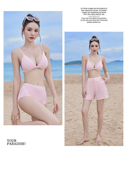 2024 new swimsuit women's split four-piece suit belly covering slimming gathered small chest South Korea ins style Hot Spring