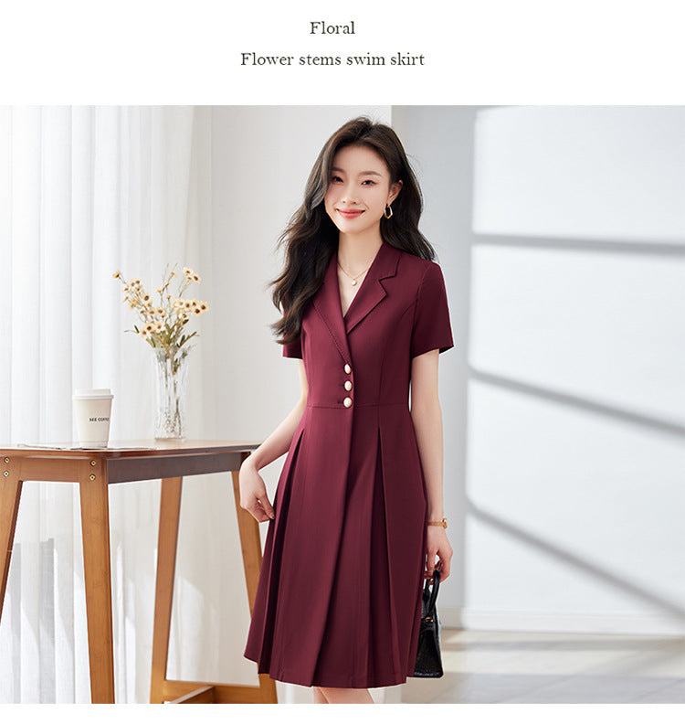 [Elegant Long Skirt] V-neck Short-sleeved dress High-end Work Clothes Mid-length Skirt Spring and Summer Business Wear Uniform