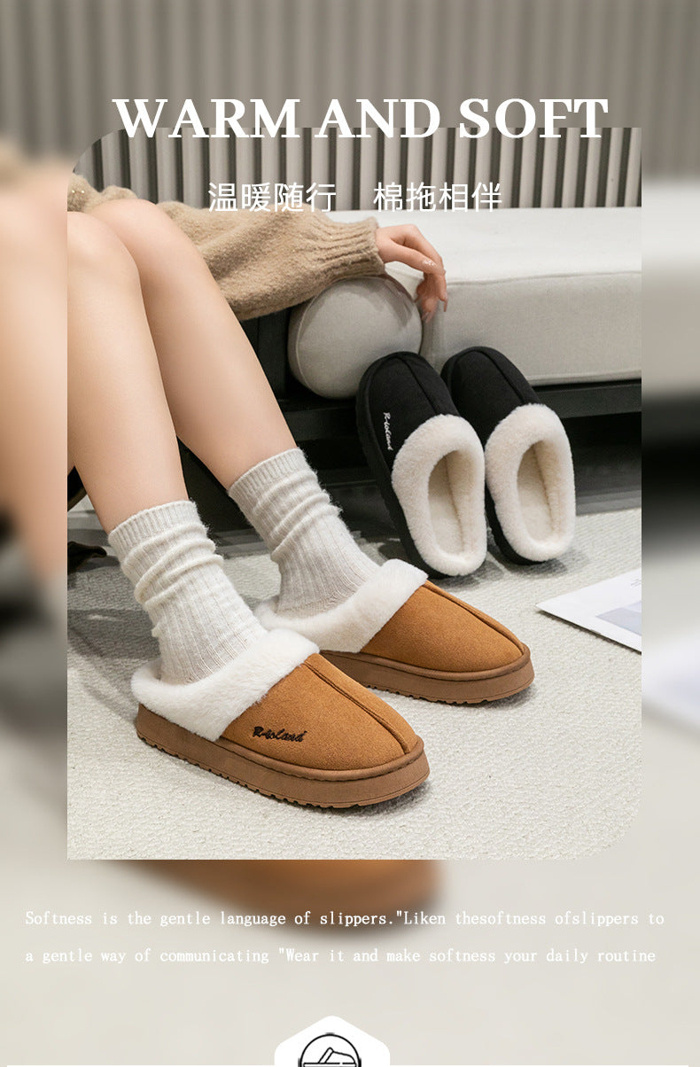 Cotton Slippers for Women, Autumn and Winter Home Use, Indoor Baotou Couple Style Plush Warm Anti-Slip Cotton Slippers for Men