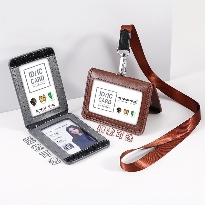 Work Card Case Detached Double Card Position Genuine Leather Folding Card Case Chest Card Lanyard Access Control Card Student School Card Rice