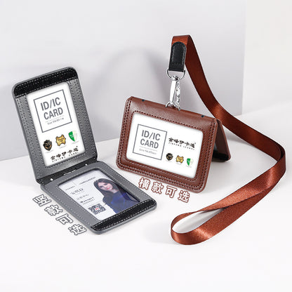 Work Card Case Detached Double Card Position Genuine Leather Folding Card Case Chest Card Lanyard Access Control Card Student School Card Rice