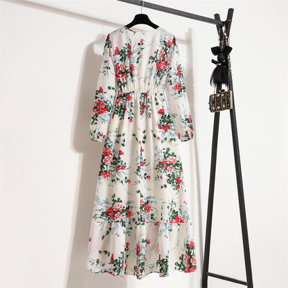Cross-border Foreign Trade Floral Chiffon Long Dress Women's Spring Dress Long Sleeve Crewneck Base Skirt Waist Slim Long Dress