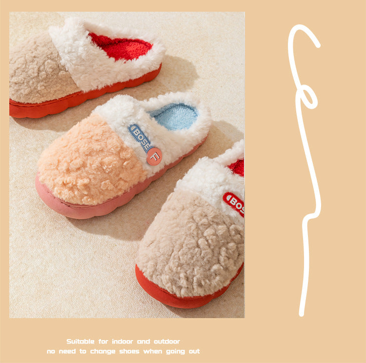 Cotton Slippers for Women, Autumn and Winter New Color Matching Home Indoor Non-Slip Warm Home Thick-Soled Plush Slippers for Men