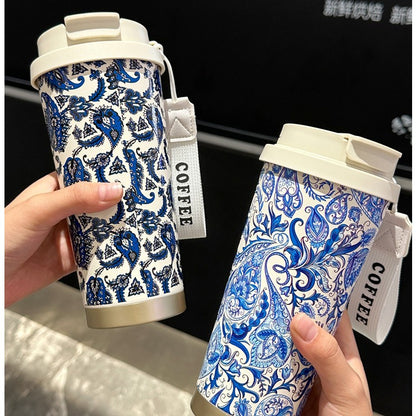 Factory Blue and White Porcelain Stainless Steel Overlord Tea Queen Flower Language Series Coffee Cup Portable Double Drinking Cup with Good Appearance