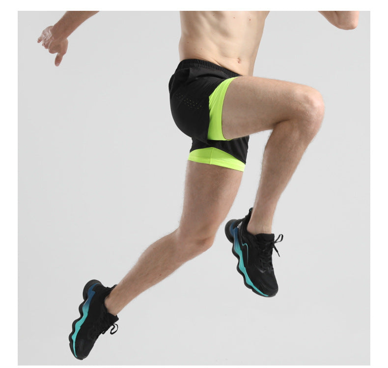 Men's Quick-drying Sports Shorts Fake Two-piece Fitness Triple Pants Marathon Running Pants Invisible Pocket for Mobile Phone