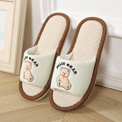 Bear Style Indoor Linen Slippers for Women Summer Home Non-Slip Women's Spring & Fall Seasons Fabric Floor Mops