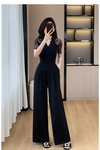 Cross-border High Leng Yujie Style Pants Women's Summer Short-sleeved High Waist Lace Stitching Hollow-out Pants Straight Pants