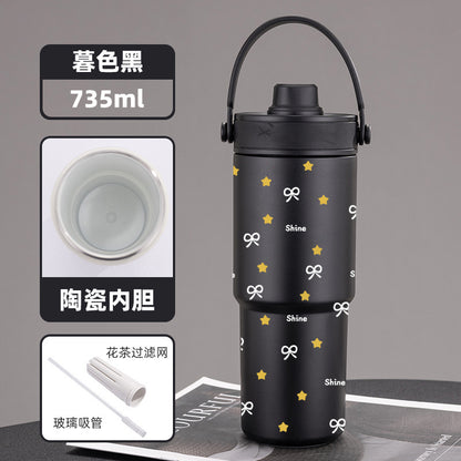 Cross-border high-value 316 stainless steel thermos cup large-capacity double-drink ceramic liner car cup portable handle cup