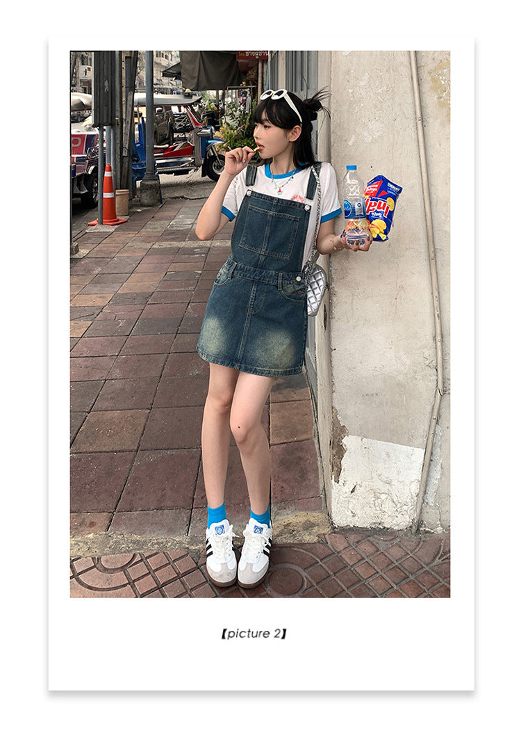 YC & American Retro Sweet Girl Strap Skirt A- line Skirt Slimming Joker dress Denim Skirt Spring and Summer
