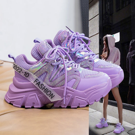 2026 Spring and Autumn Style Dad Shoes, Internet Celebrity Rhinestone Breathable Genuine Leather Shoes for Petite People, Popular Purple Thick-Soled Sports Shoes, Trendy on Instagram by PDG ibma