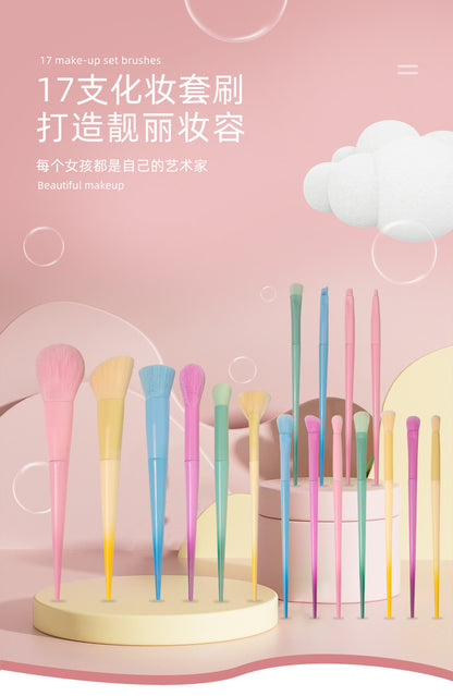 New Cross-Border Makeup Brush Set 17 Candy-Colorfuled Macaron Colorful Brush Loose Powder Brush Eyebrow Brush Factory Direct Sale