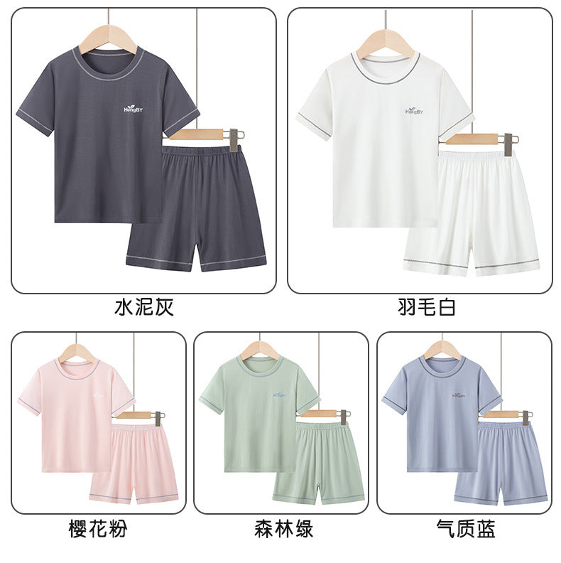 Summer Boys' Short-sleeved Shorts Modal Children's Pajamas Girls' Parent-child Home Clothes suit Children's Air-conditioning Clothes