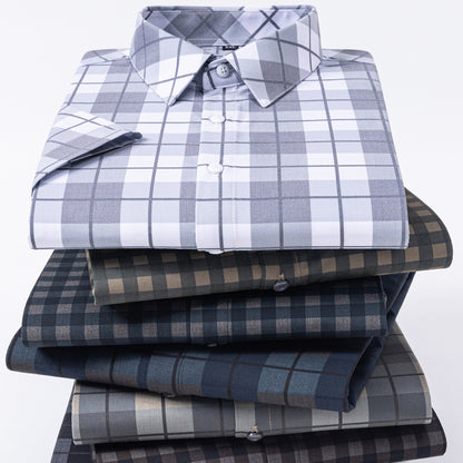 New 2025 Summer New Men's Short-Sleeved Bamboo Fiber Plaid Shirt Casual Half-Sleeved Pocketless Men's Lining