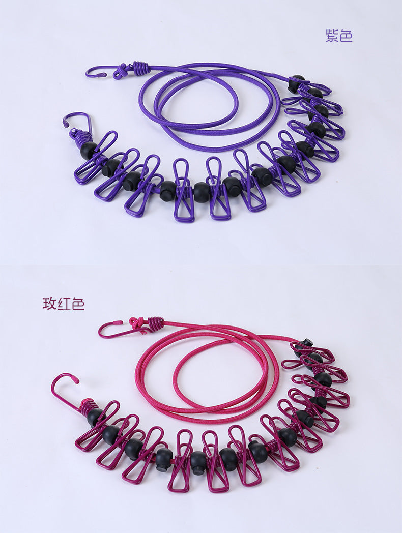 Creative Outdoor Elastic Windproof Clothesline with Positioning Buckle Korean Style Clothesline with Windproof Clip 12 Clips