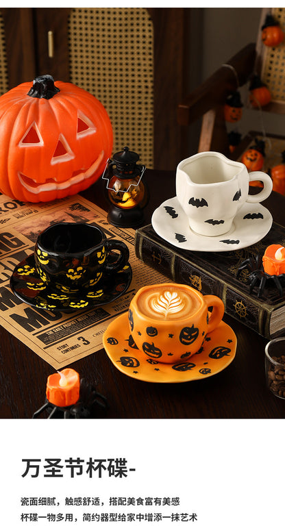 Creative Halloween-Themed Ceramic Cup and Saucer, Irregular Personalized Coffee Cup and Saucer with Pumpkin and Bat Patterns