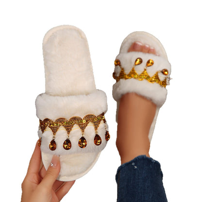 Thick-Soled Furry Slippers for Women in Autumn and Winter Indoor and Outdoor 2025 New Tassel Rhinestone Plush Slippers One-Line Cotton Slippers for Women