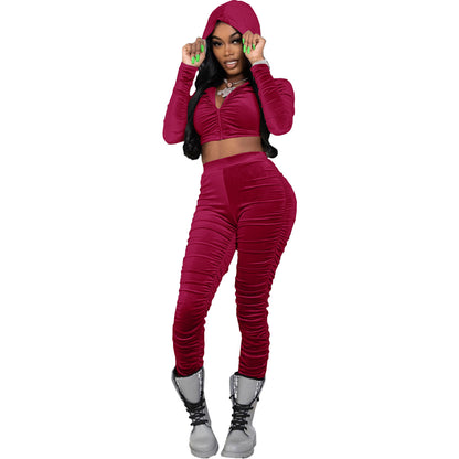 F185 European and American Women's Clothing Amazon Spring Two-piece Korean Velvet Solid Color Long Sleeve Navel Pleated Sports Suit