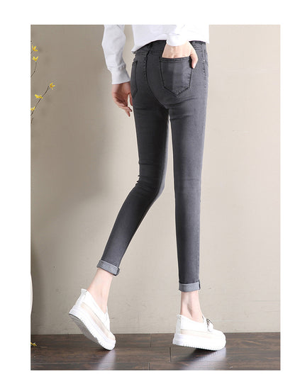 Dark Blue Jeans Women's 2023 New Summer High Waist Summer Thin Stretch Slim-Fit Small Feet Nine-point Tight