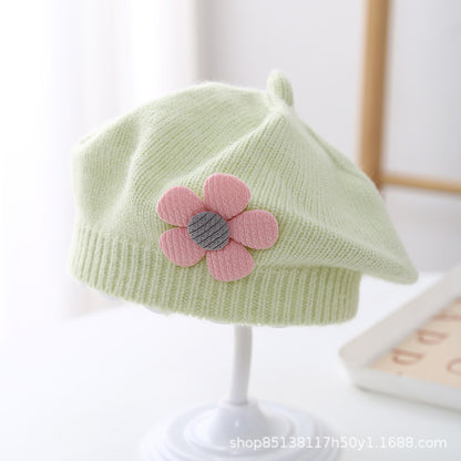 Baby hat autumn and winter baby girls' cute flower beret children's wool hat girls' knitted painter hat fashion