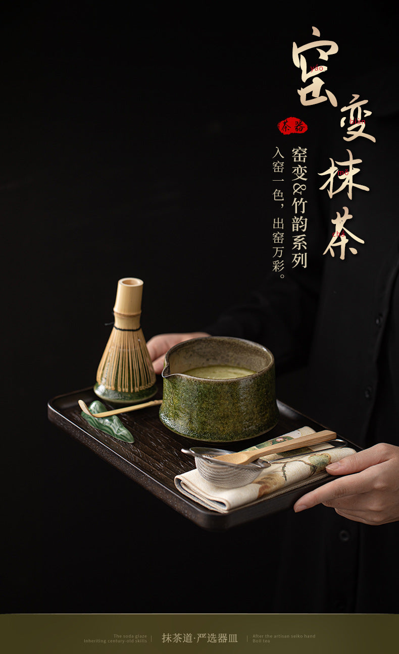 Yao Bian Bamboo Style Ceramic Matcha Four-Piece Set Japanese Matcha Making Tools Tea Bowl Tea Whisk Stand Tea Brush Tea Spoon Accessories
