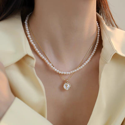 Natural Freshwater Non-nuclear Pearl Double Layer Overlapping Necklace Women's Mother-of-Fritillary Rose Pendant Gold Plated Sweet Light Luxury Set