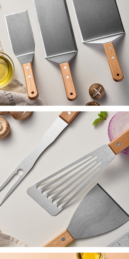 Wooden Handle Stainless Steel Spatula Korean Teppanyaki Cooking Spatula Steak Spatula Pancake Pizza Spatula Tool Set