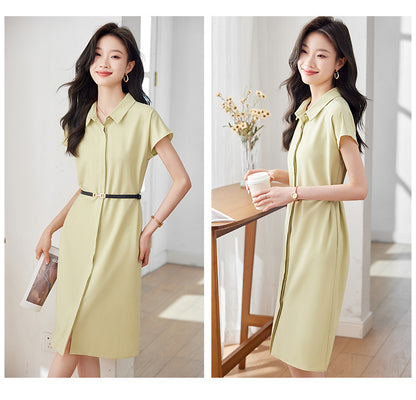 [Elegant Long Skirt] V-neck Short-sleeved dress High-end Work Clothes Mid-length Skirt Spring and Summer Business Wear Uniform