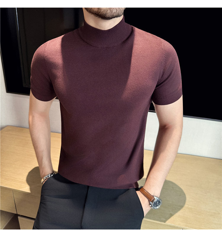 Tiktok Taobao Dropshipping Men's Short-Sleeve Knitwear, Fashionable Versatile Half-Turtleneck Slim-Fit Half-Sleeve Sweater Base Shirt