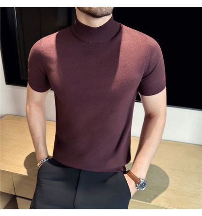 Tiktok Taobao Dropshipping Men's Short-Sleeve Knitwear, Fashionable Versatile Half-Turtleneck Slim-Fit Half-Sleeve Sweater Base Shirt