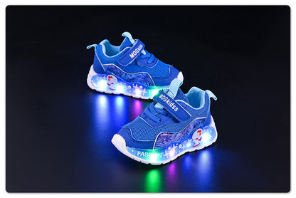 Wholesale Spring and Autumn New Mesh Plaid Boys Led Light Casual Children's Luminous Fashion Cartoon Sports Shoes