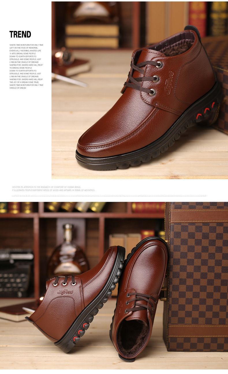Winter cotton shoes men's leather fleece-lined thick warm high-top non-slip soft bottom middle-aged and elderly cotton shoes dad shoes