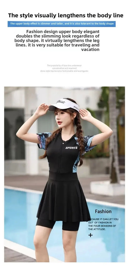 plus size swimsuit women's one-piece skirt short sleeve professional sports swimsuit mother 200kg conservative belly slim hot spring