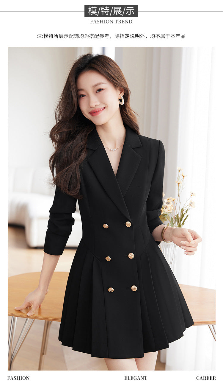 French Hepburn Style Small Black Dress High Sense High Cold Royal Sister Fried Street Small Fragrance Style Pleated Professional Suit dress Summer