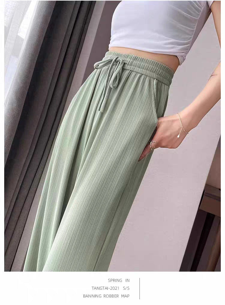 Ice Silk Wide-Leg Pants for Women, Summer Thin High-Waisted Drape Cool Mosquito-Proof Sun-Protective Casual Versatile Floor-Length Straight Pants