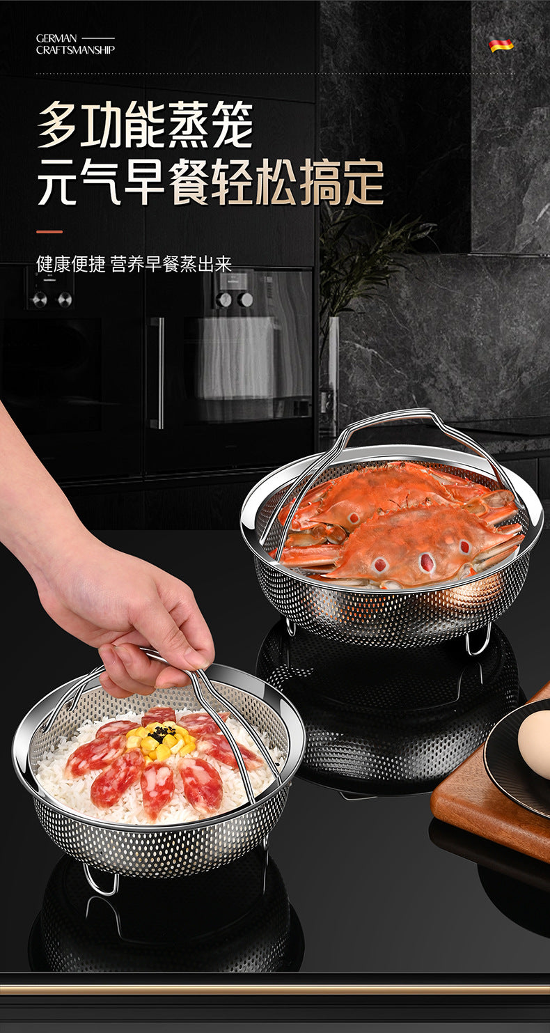 304 Stainless Steel Steamer Dense Hole Draining Basket Vegetable Washing Basket Steaming Lattice Electric Rice Cooker Rice Soup Separation Water Resistant Steaming Rack Steaming Drawer