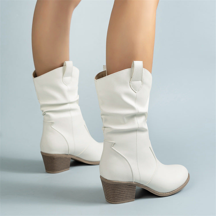 Boots Pleated One-Foot High Heel Mid-Helper Western Cowboy Women's Boots Mid-Helper Boots Fashion Women's Boots