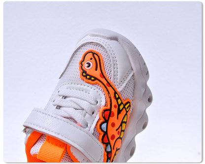 Spring New Style Dinosaur Led Light Sneakers for Boys and Girls Spring & Fall New Mesh Breathable Casual Light Shoes for Children and Middle-Aged Children