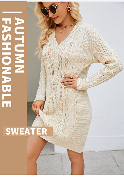 Cross-Border European and American Clothing Pure Color V Neck Long Sweater Dress Autumn and Winter Fashion Elegant Cable Bottoming Knitted Dress