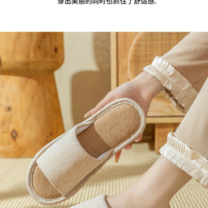 Linen Slippers for Women, Summer Breathable, Sweat-Absorbent, Non-Slip, Silent, Indoor Home Floor Cotton and Linen Slippers, Universal for All Seasons