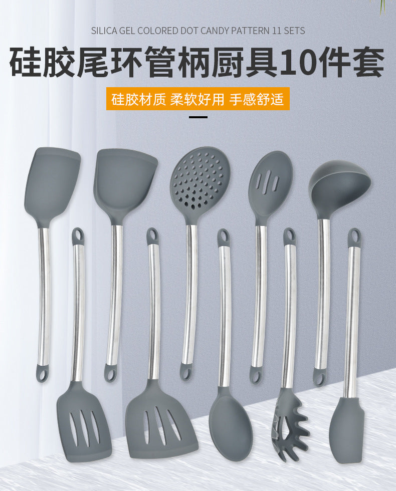 Silicone kitchenware suit 8-piece set stainless steel tube handle spatula baking scraper egg beater cooking hot pot spoon