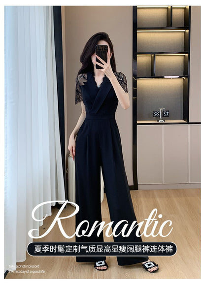 Cross-border High Leng Yujie Style Pants Women's Summer Short-sleeved High Waist Lace Stitching Hollow-out Pants Straight Pants