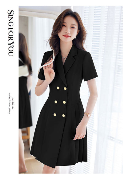 French Hepburn Style Small Black Dress High Sense High Cold Royal Sister Fried Street Small Fragrance Style Pleated Professional Suit dress Summer