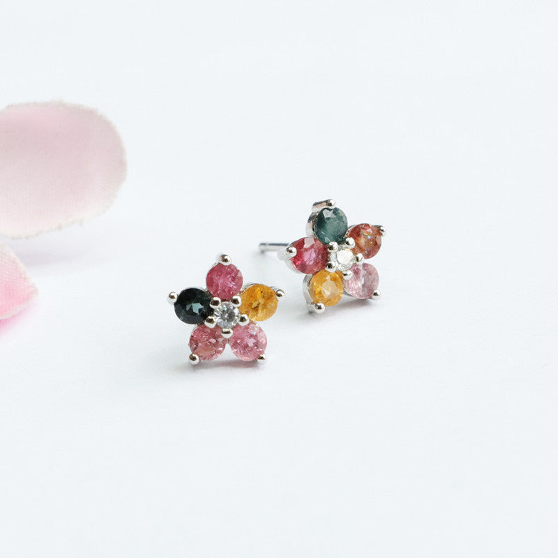 Guan Yu S925 Silver Needle Natural Tourmaline Earrings Flower Ear Hooks Gemstone Factory Wholesale Dropshipping S2053101